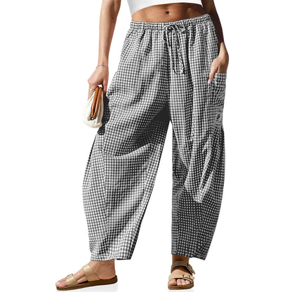 Womens Wide Leg Gingham Striped Plaid Pants