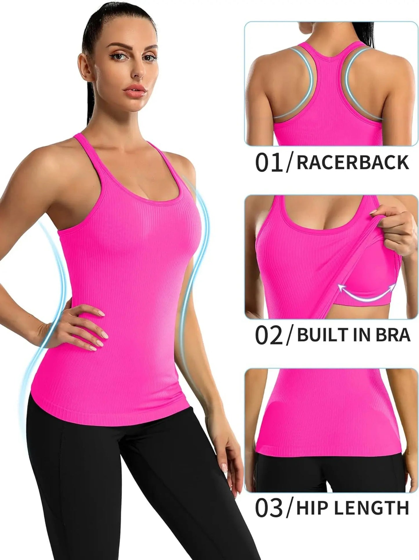 Ribbed Built-In Bra Workout Tank Top – Tight Racerback Athletic Summer Crop